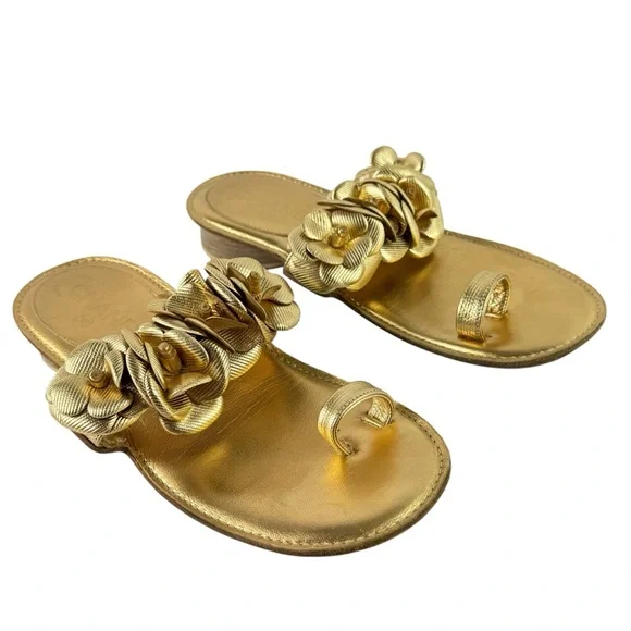 CHANEL Gold Leather Camellia Flower Toe Ring Sandals Made in Italy 36C - 6US - Picture 7 of 14
